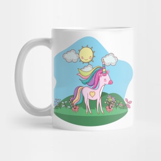 Cute Little Unicorn With Heart Standing In a Field On a Sunny Day Mug